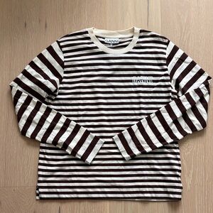 Ganni Long Sleeve Tee in Brown & Cream